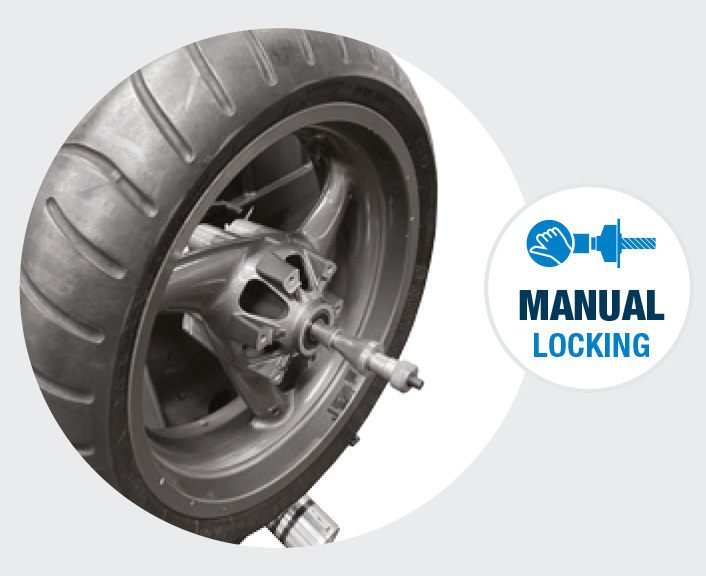 Wheel clamping is manual and the two standard flanges provided allow for quick and accurate locking for all types of wheels available on the market.