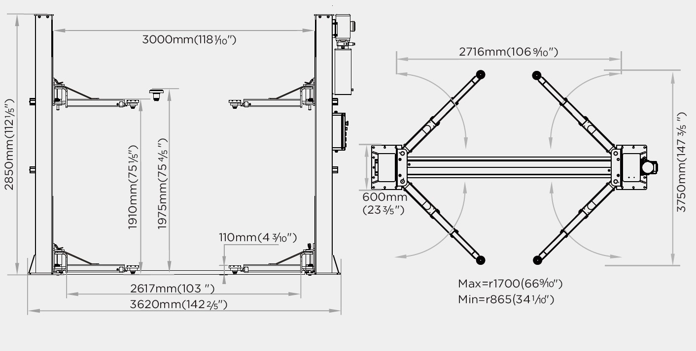 ATP10-Dimensions 2 Post Lifts with Base: ecolift ATP10 Two Post Lift