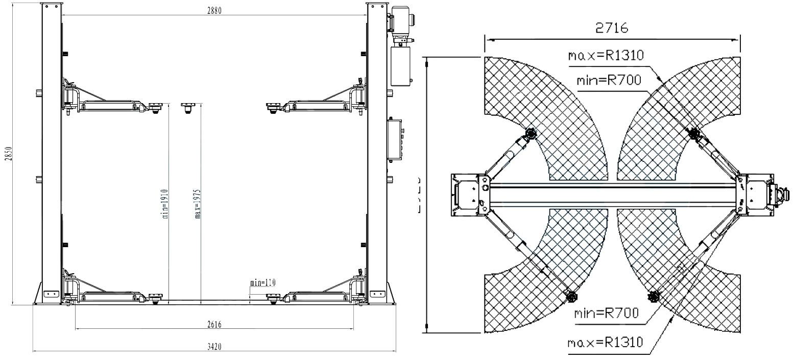 ATP9-Dimensions 2 Post Lifts with Base: ecolift ATP9 Two Post Lift