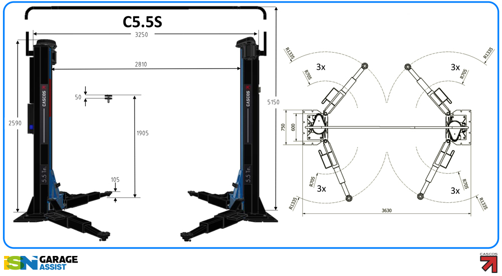 Cascos-syncro-C5.5-dims Baseless Two Post Lifts: Cascos C5.5 Syncro Two Post Lift