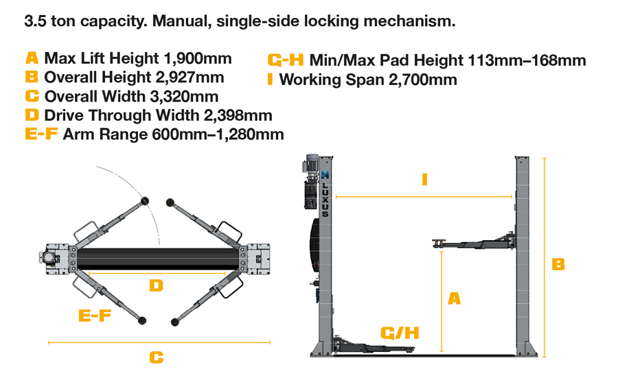 LUXUS-HML35-dims-web 2 Post Lifts with Base: LUXUS HML35