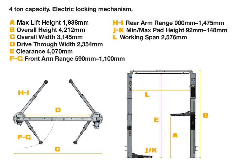 LUXUS-HML40-dims-web Baseless Two Post Lifts: LUXUS HML40