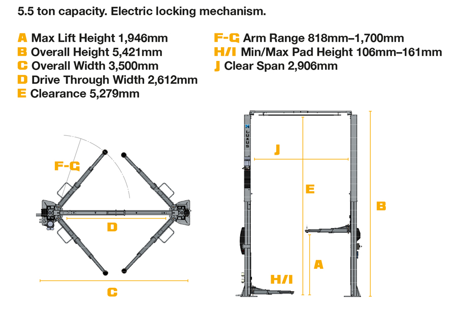 LUXUS-HML55-dims-web Baseless Two Post Lifts: LUXUS HML55