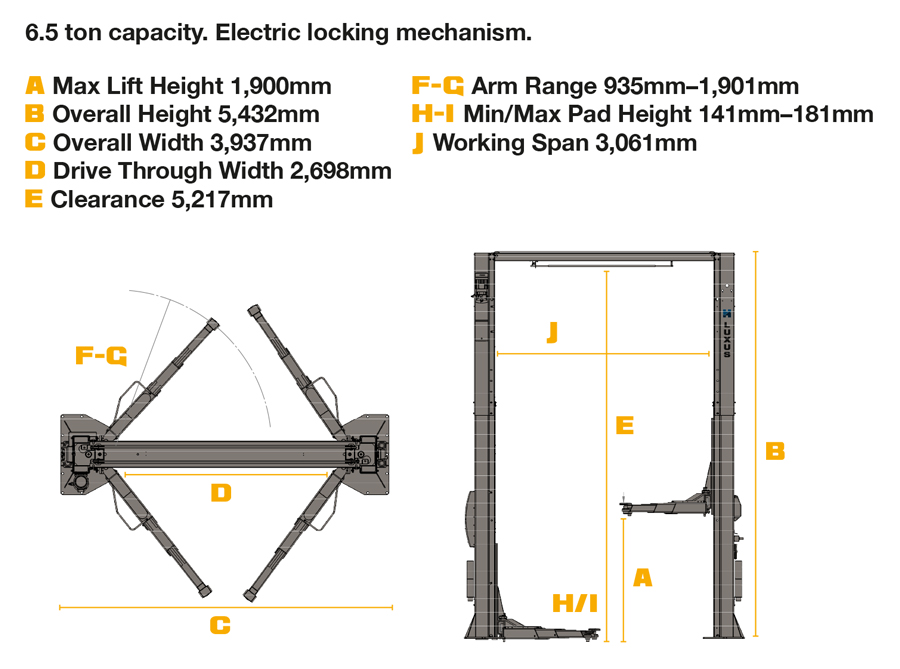 LUXUS-HML65-dims-web Baseless Two Post Lifts: LUXUS HML65