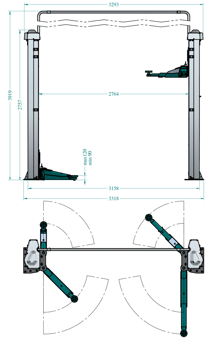 SPM32-dims Balco SPM32 Baseless Two Post engineered by Rotary Lift