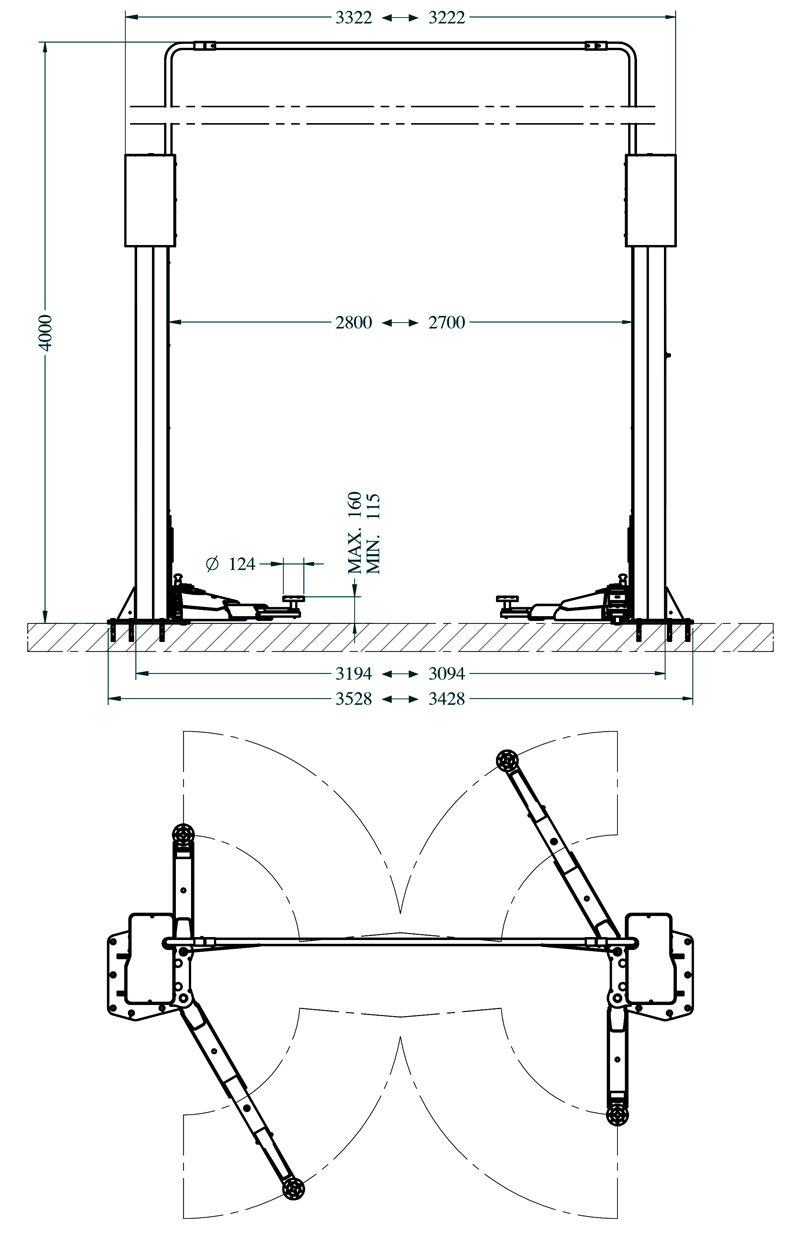 SPM42-XL-4200-dims Balco SPM42XL Baseless Two Post Lift engineered by Rotary