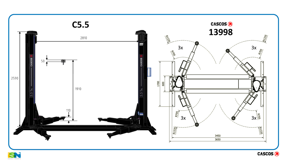 c5_5dims 2 Post Lifts with Base: Cascos C5.5 'Super Duty' Two Post Lift