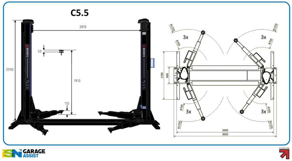 c5_5dims 2 Post Lifts with Base: Cascos C5.5 'Super Duty' Two Post Lift