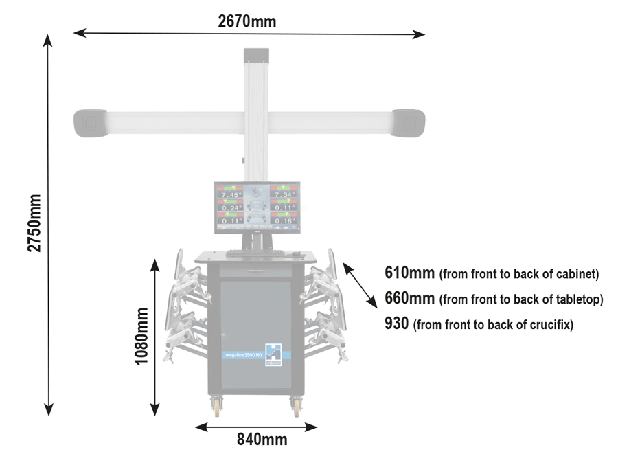 megaline-3500HD-dims megaline 3D 3500HD Wheel Aligner For Sale